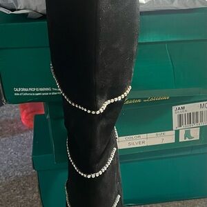 NIB Lauren Lorraine Black Heeled Boots with Silver Rhinestones
